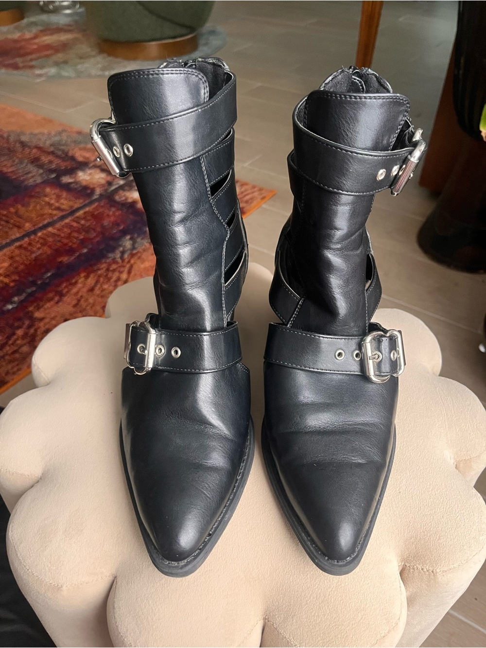 Forever 21 Women's Pointed Black Leather Ankle Boots with Buckle Straps